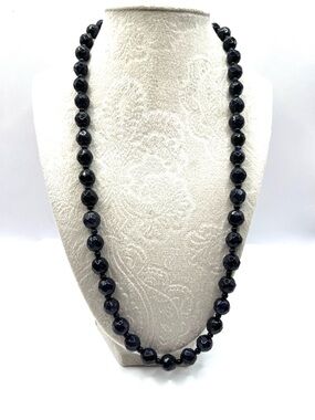 Vintage Goldstone Navy Blue Beaded Necklace 24” Glass Beads